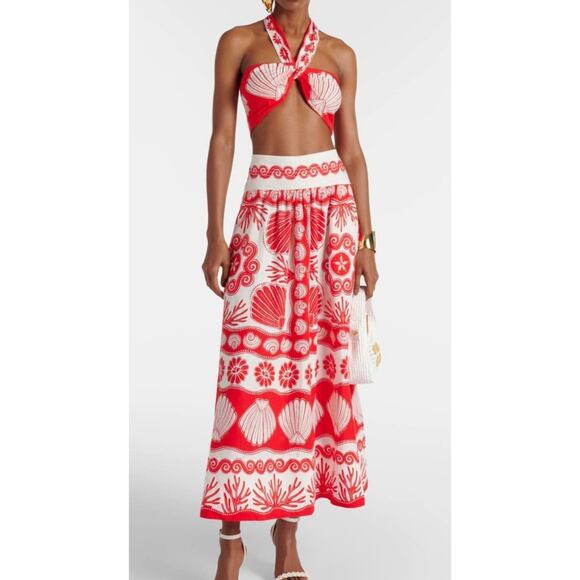 New! Farm Rio Ainika Red and White Shell Print Linen Maxi Skirt Sz M #14 - Picture 5 of 6